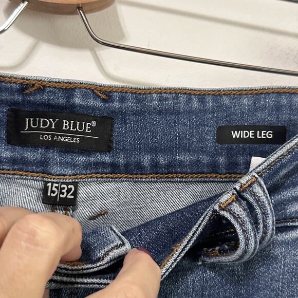 Judy Blue High Rise Wide Leg Jeans 15 / 32 x 32 Blue Stretch Casual Double Buttn - Picture 4 of 10